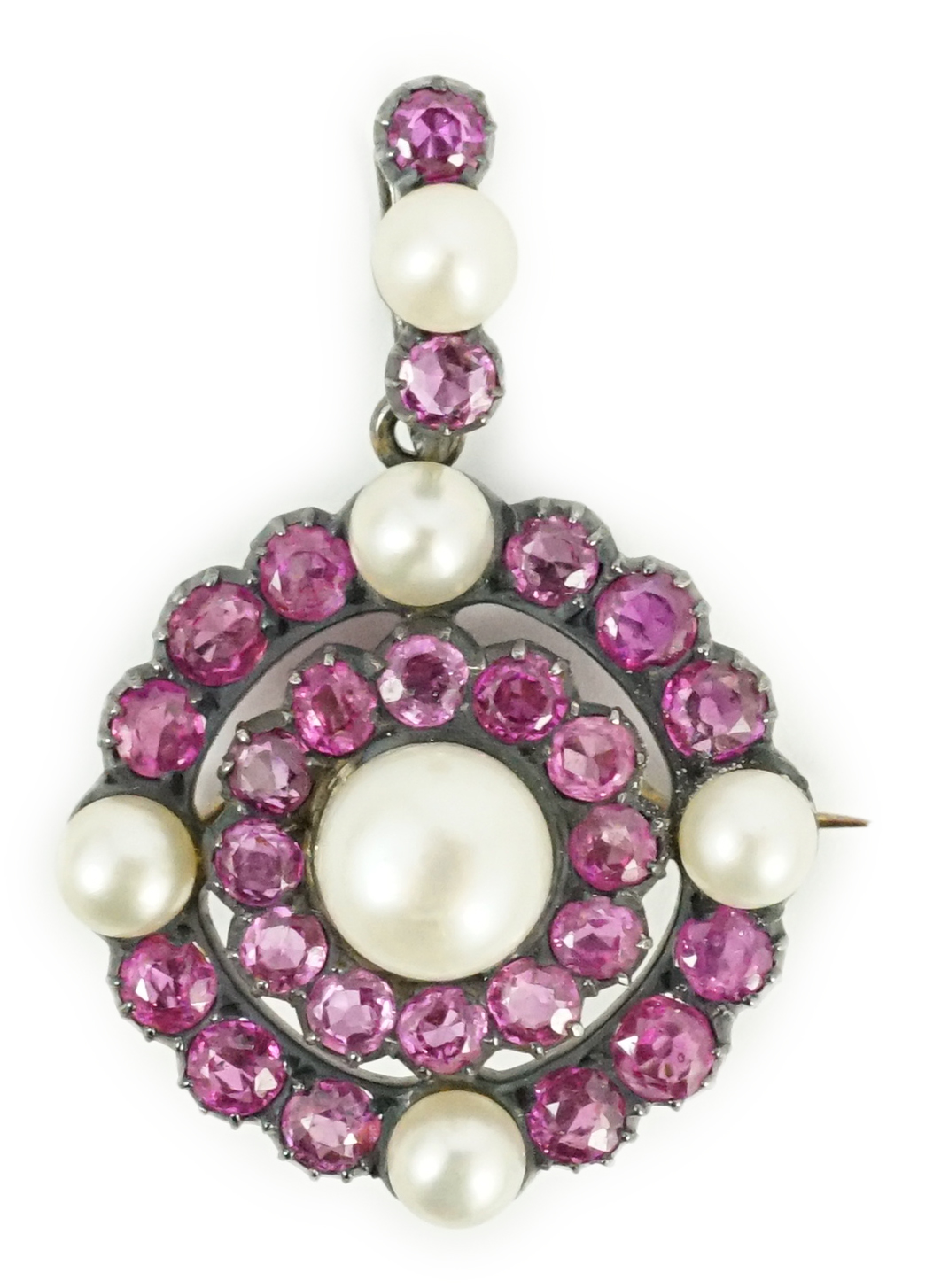 A Victorian gold and silver, pink gem and pearl cluster set target drop pendant brooch